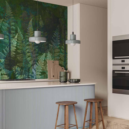 Fototapete - Green abstraction in the forest - fern leaves in the trunks with patterns