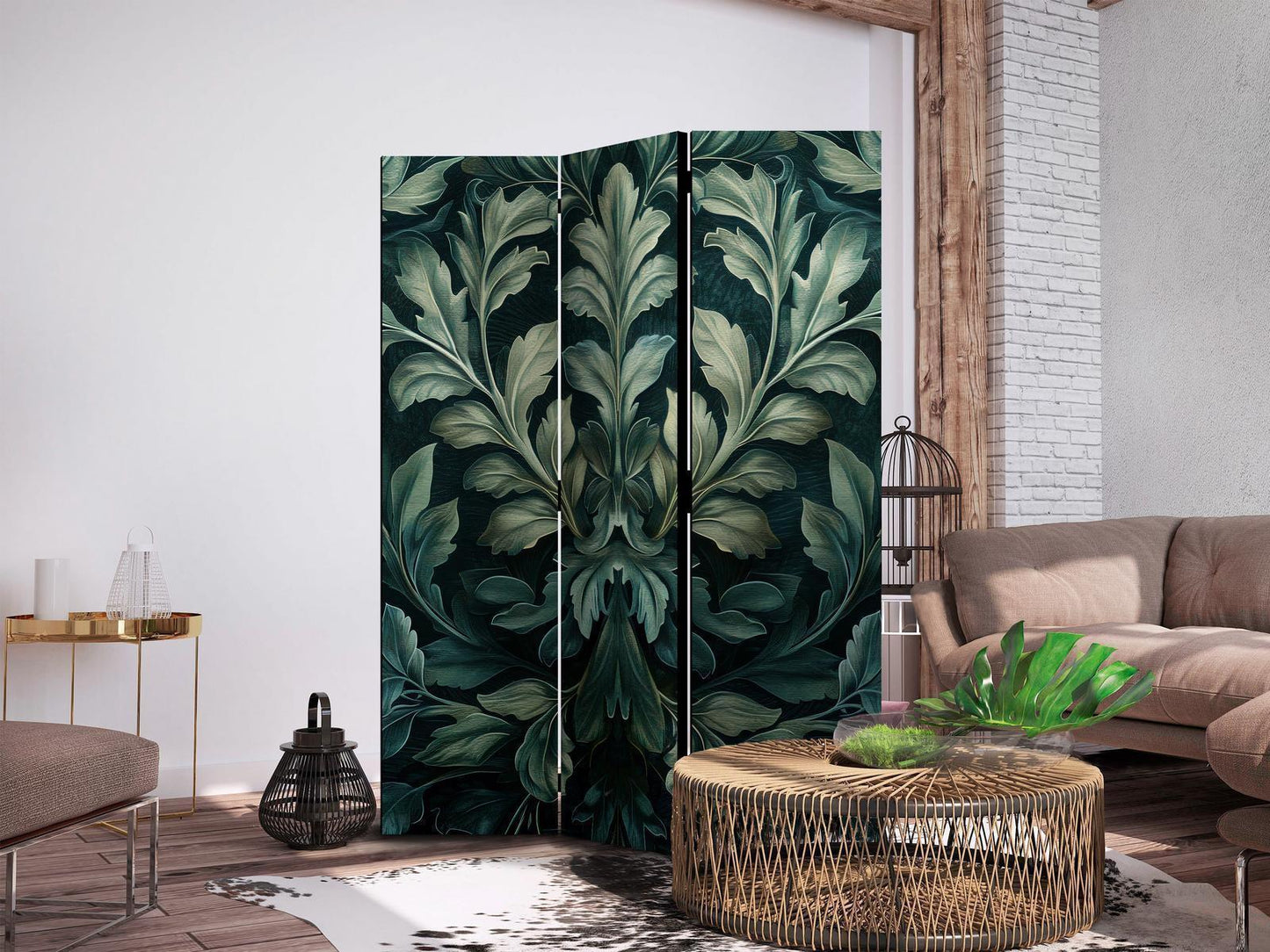 Paravent - Dark Green Victorian Leaves - Botanical Carved Composition Artgeist