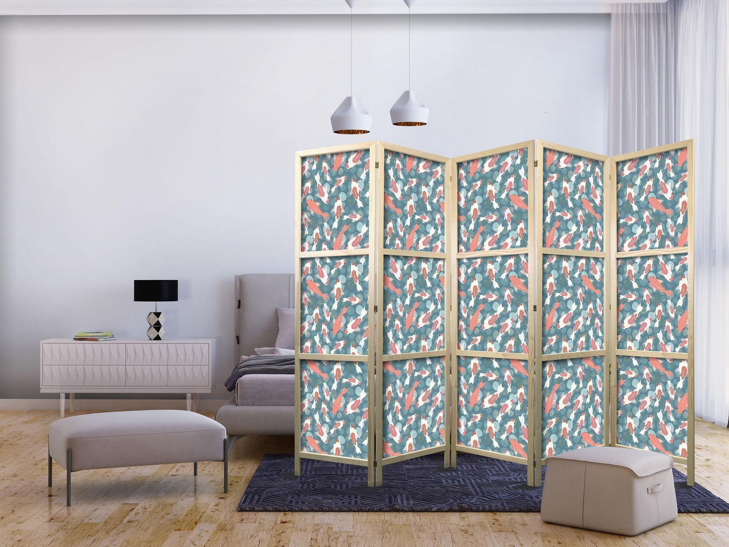 Japanischer Paravent - Oriental Pond - a Cluster of Japanese Fish Swimming in Crystal Clear Water with Flashes of Light