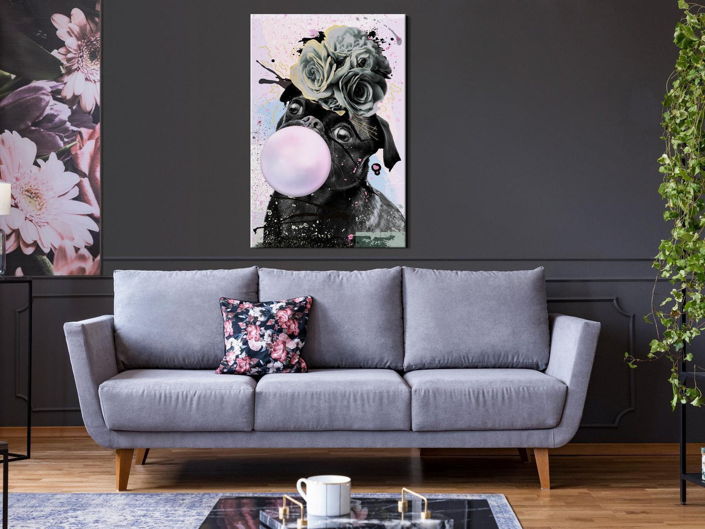Leinwandbild - Pug With Bubble Gum (1 Part) Vertical Artgeist