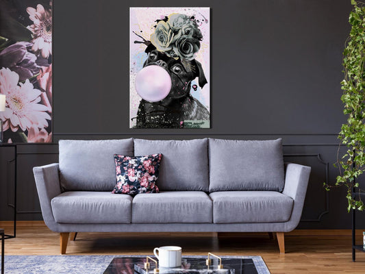 Leinwandbild - Pug With Bubble Gum (1 Part) Vertical Artgeist