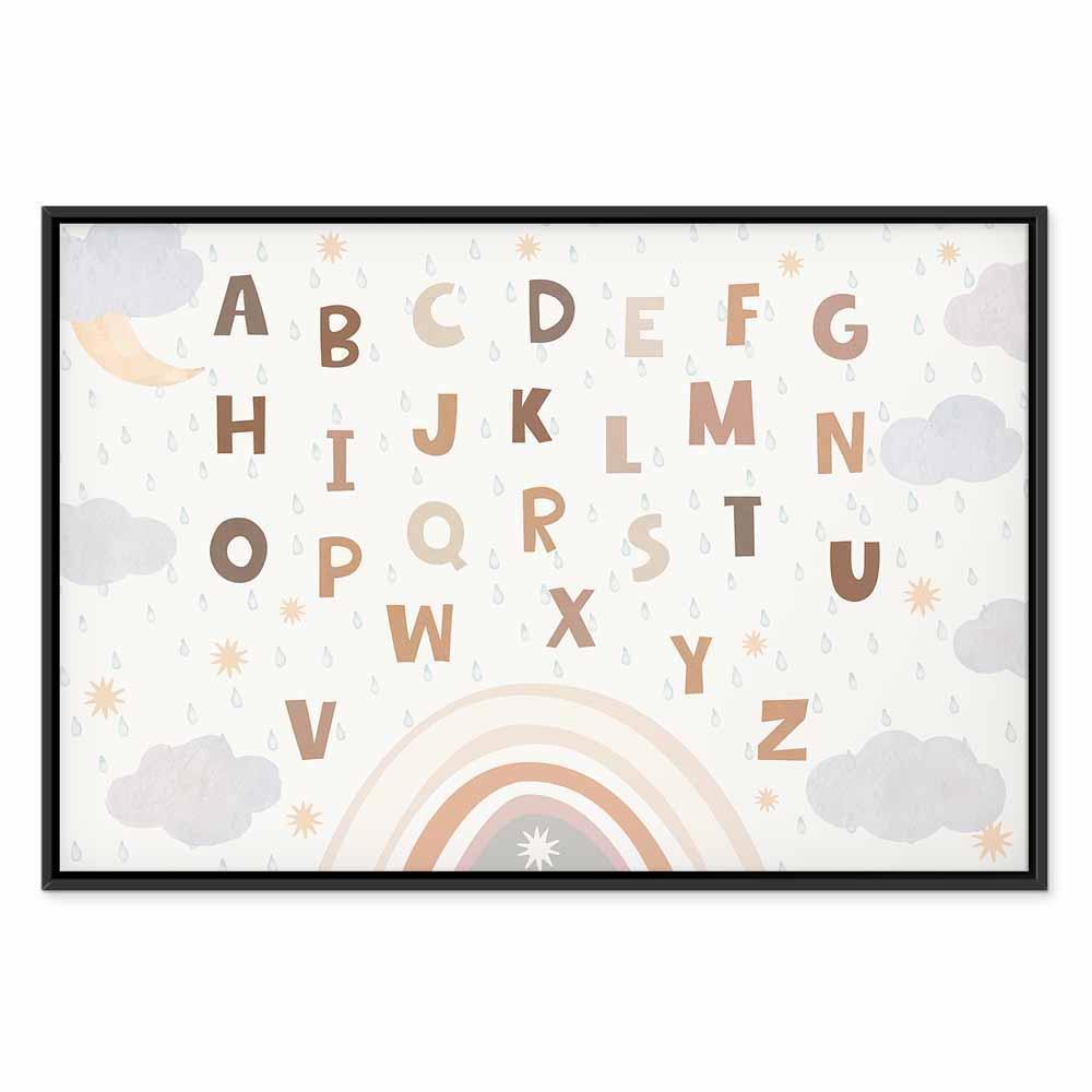 Leinwandbild - Letters Above the Rainbow - Letters Among Streams of Rain and Clouds with a Rainbow Moon and Stars on a Light Background