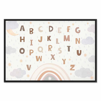 Leinwandbild - Letters Above the Rainbow - Letters Among Streams of Rain and Clouds with a Rainbow Moon and Stars on a Light Background
