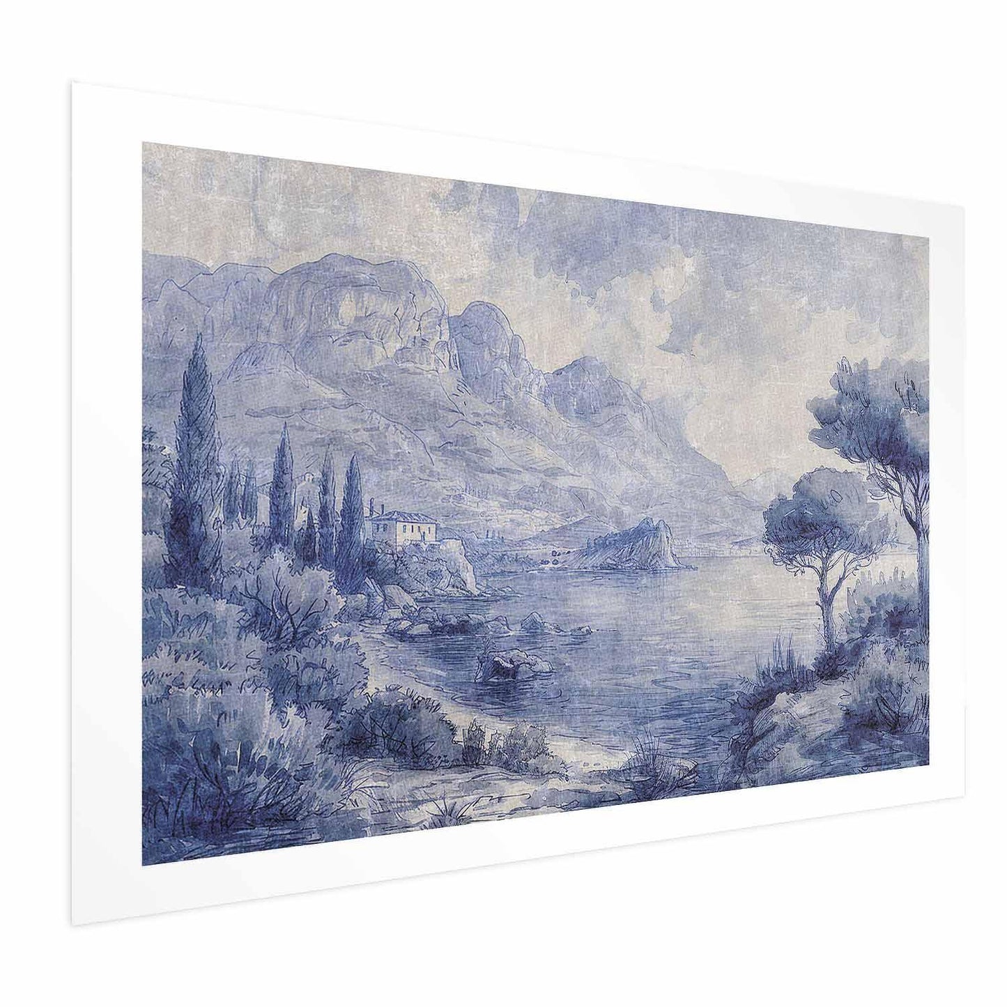 Poster - Blue Bay - Italian Landscape of Lake Como Painted in Blue Ink