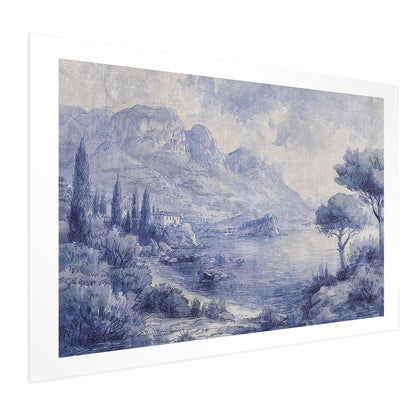 Poster - Blue Bay - Italian Landscape of Lake Como Painted in Blue Ink