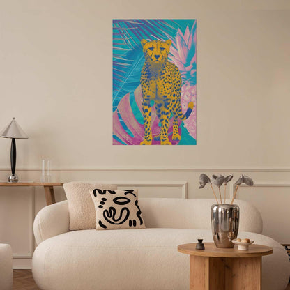 Poster - Exotic Leopard - colorful portrait of a cheetah against tropical leaves