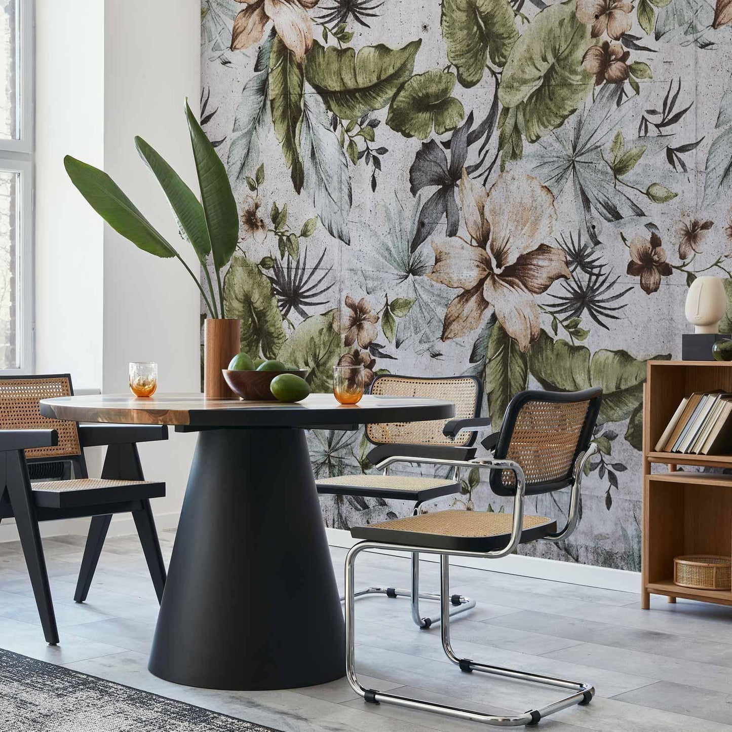 Fototapete - Nature in retro style - jungle landscape with pale leaves and flowers