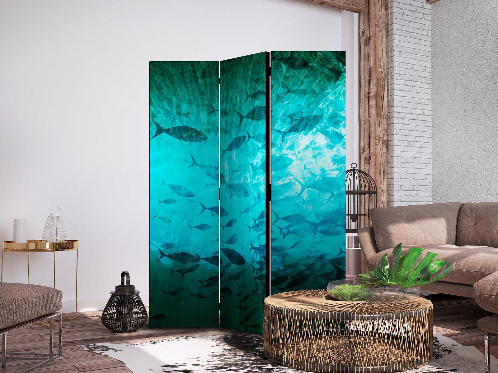 Paravent - Underwater Paradise - Numerous Shoal of Fish in a Beautiful Turquoise-Blue Depth Illuminated by Sunlight Artgeist