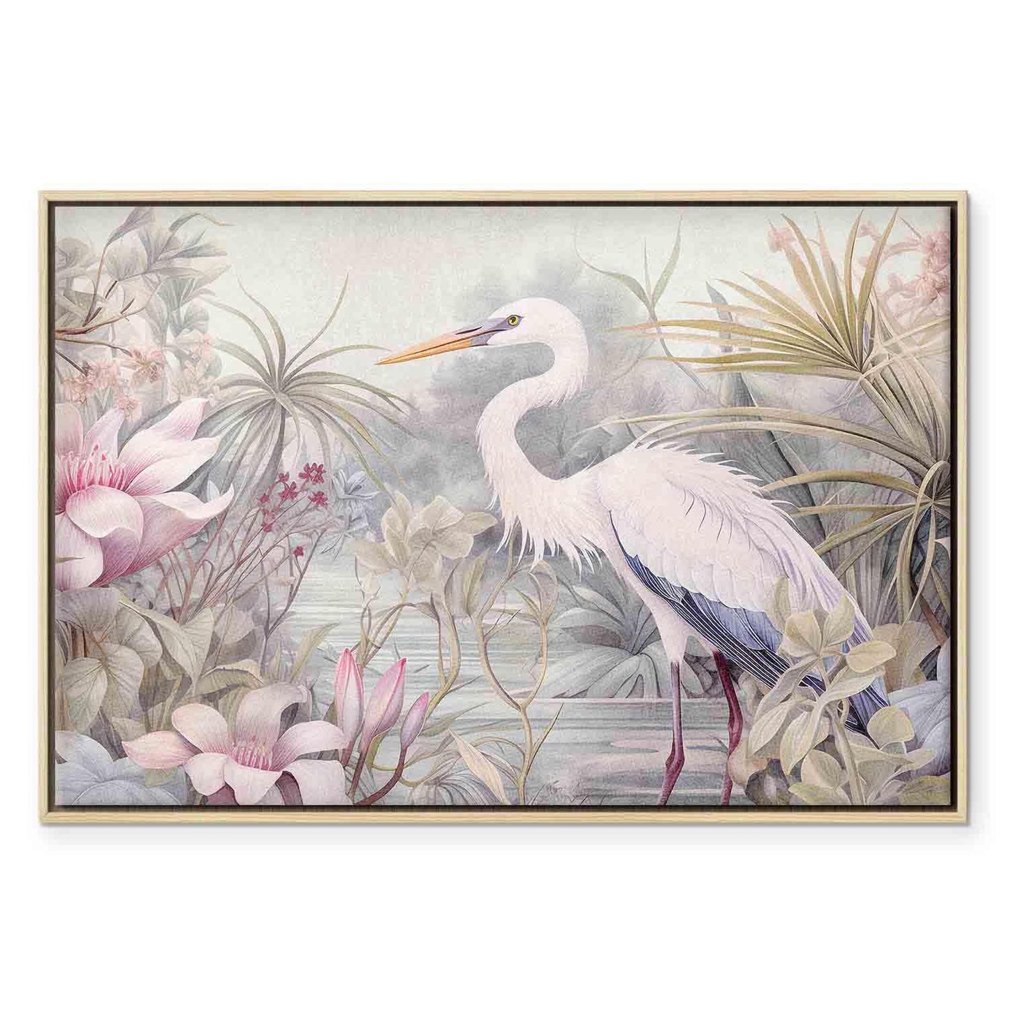 Leinwandbild - Heron wading in a pond - illustration in bright colours