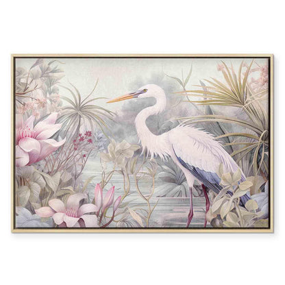 Leinwandbild - Heron wading in a pond - illustration in bright colours