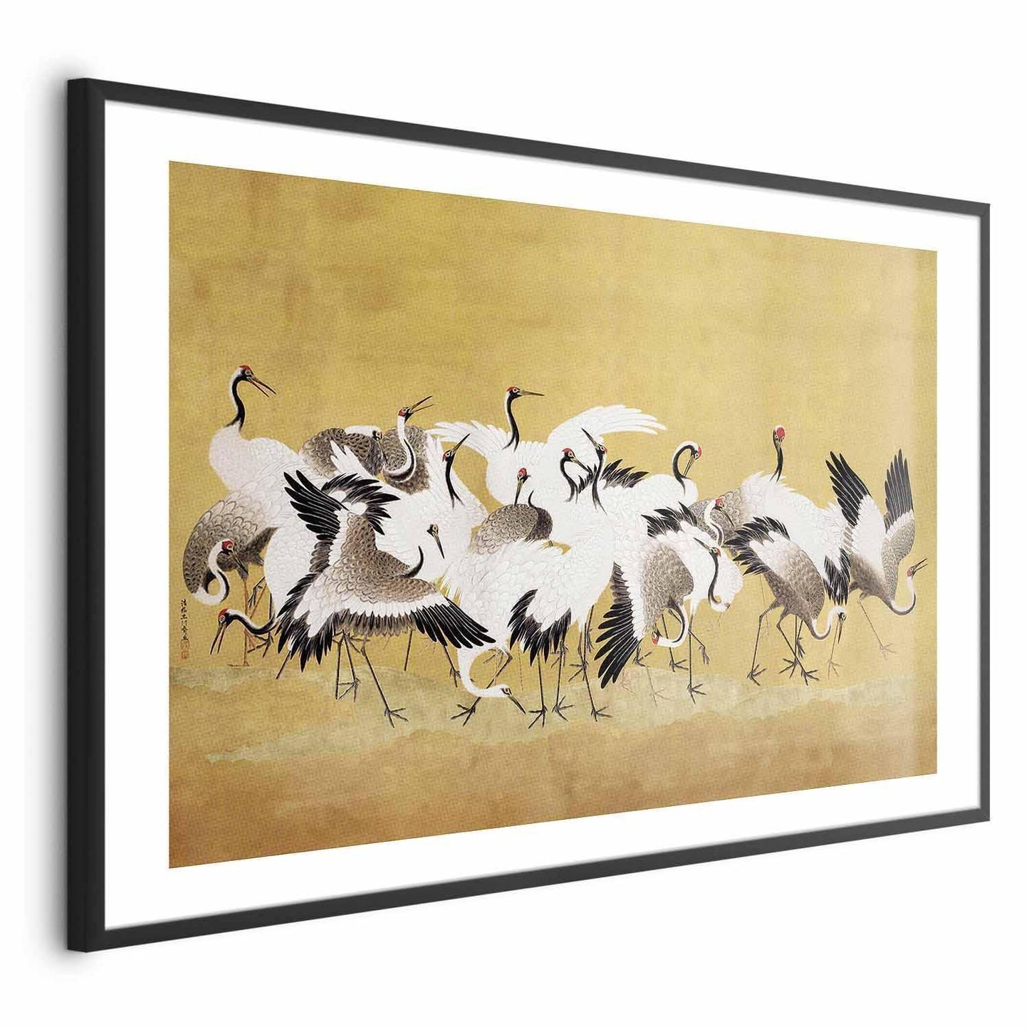 Japanese Cranes poster featuring a flock of birds against a golden background.