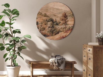 Rundes Bild - Mediterranean landscape - old tapestry with a hill and a lake