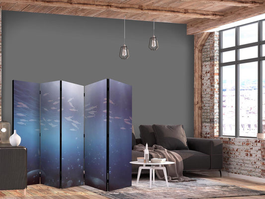 Paravent - School of Small Fish - Illuminated Oceanic Depth in Shades of Navy Purple and Gray with a Shoal of Tiny Fish Artgeist