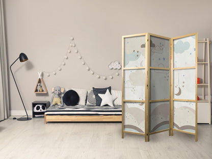 Japanischer Paravent - Cloudy Night Sky - Moons in browns and beiges among numerous clouds and stars on a light background