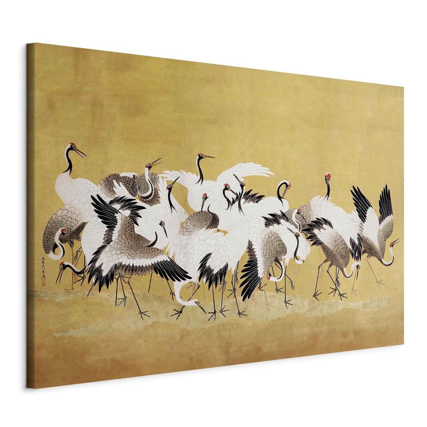 Wandbild XXL - Japanese cranes - a flock of birds against a golden background based on a painting by Ishida Yūtei