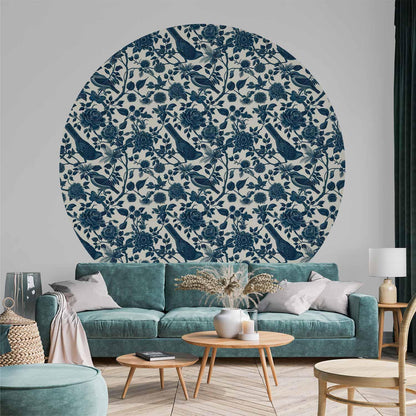 Runde Fototapete - Birds and roses - monochrome blue pattern with botanical motif