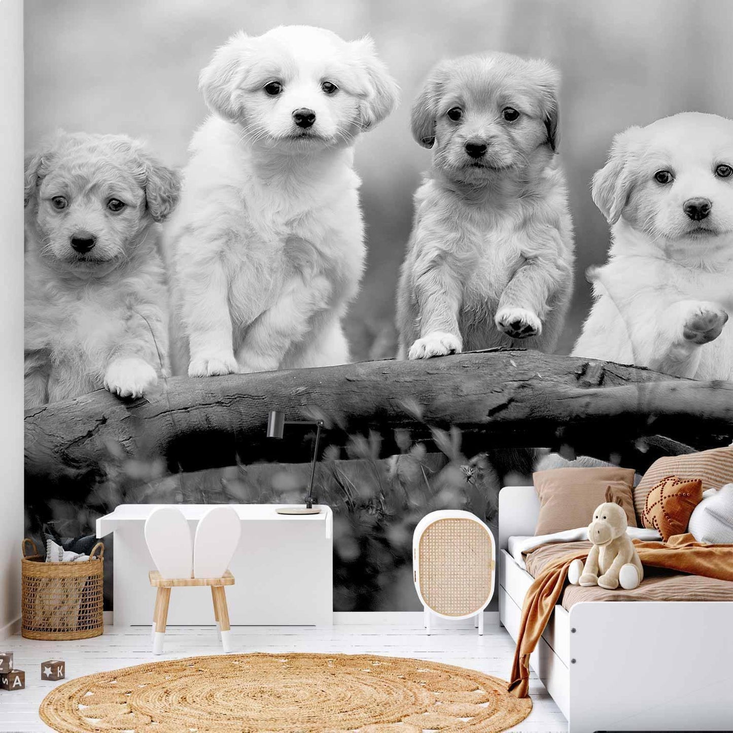 Fototapete - Four Puppies: Charmante Wanddekoration