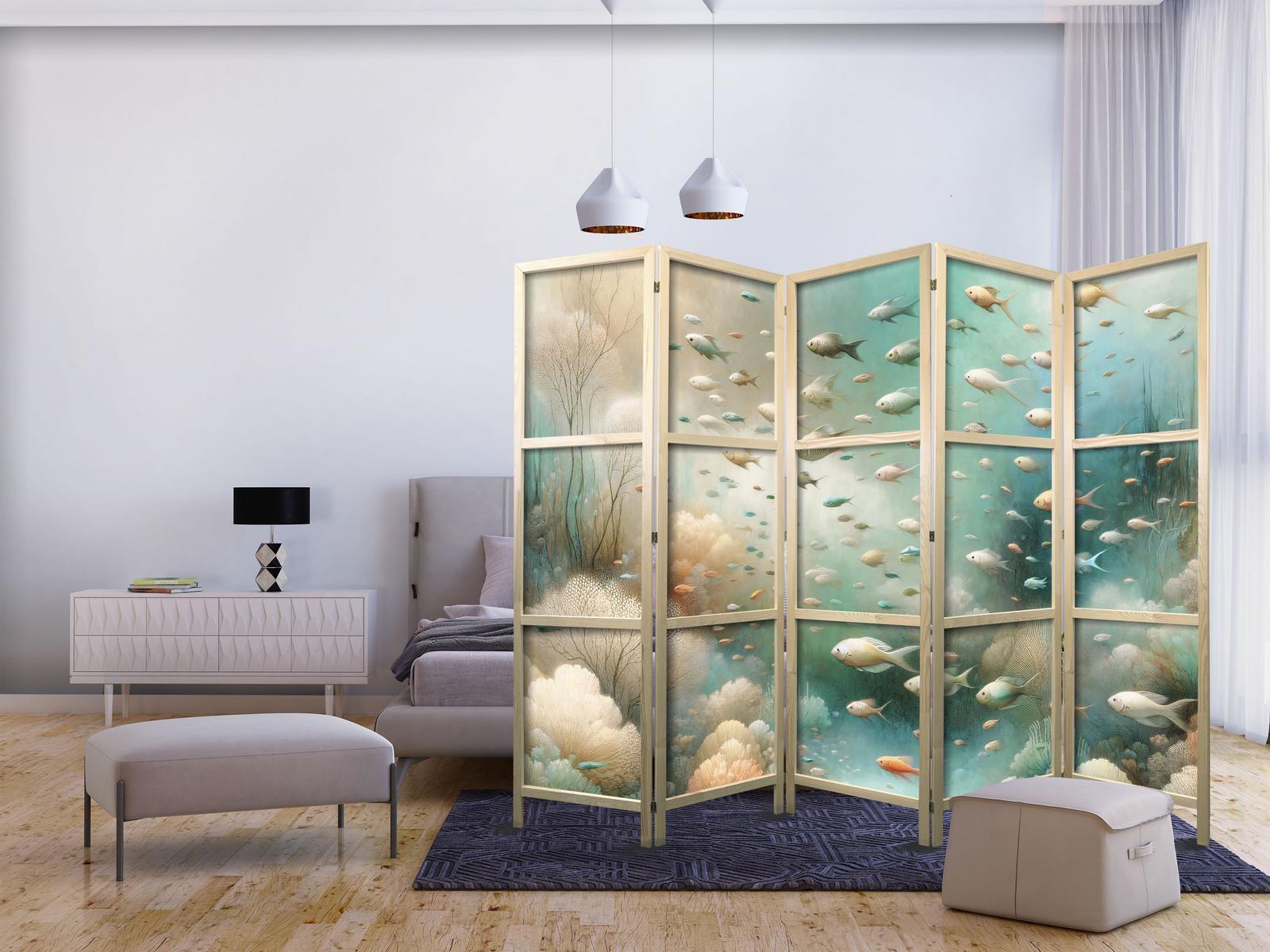 Japanischer Paravent - Spectacular Underwater Landscape - Fish in the Underwater World in Colors of Turquoise Blue Beige and Delicate Orange Artgeist