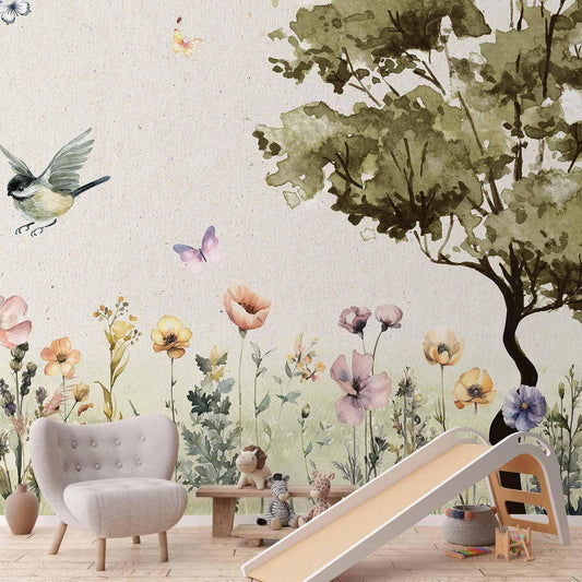 Fototapete - Spring Meadow - a Clearing With Flowers Painted in Watercolours Artgeist