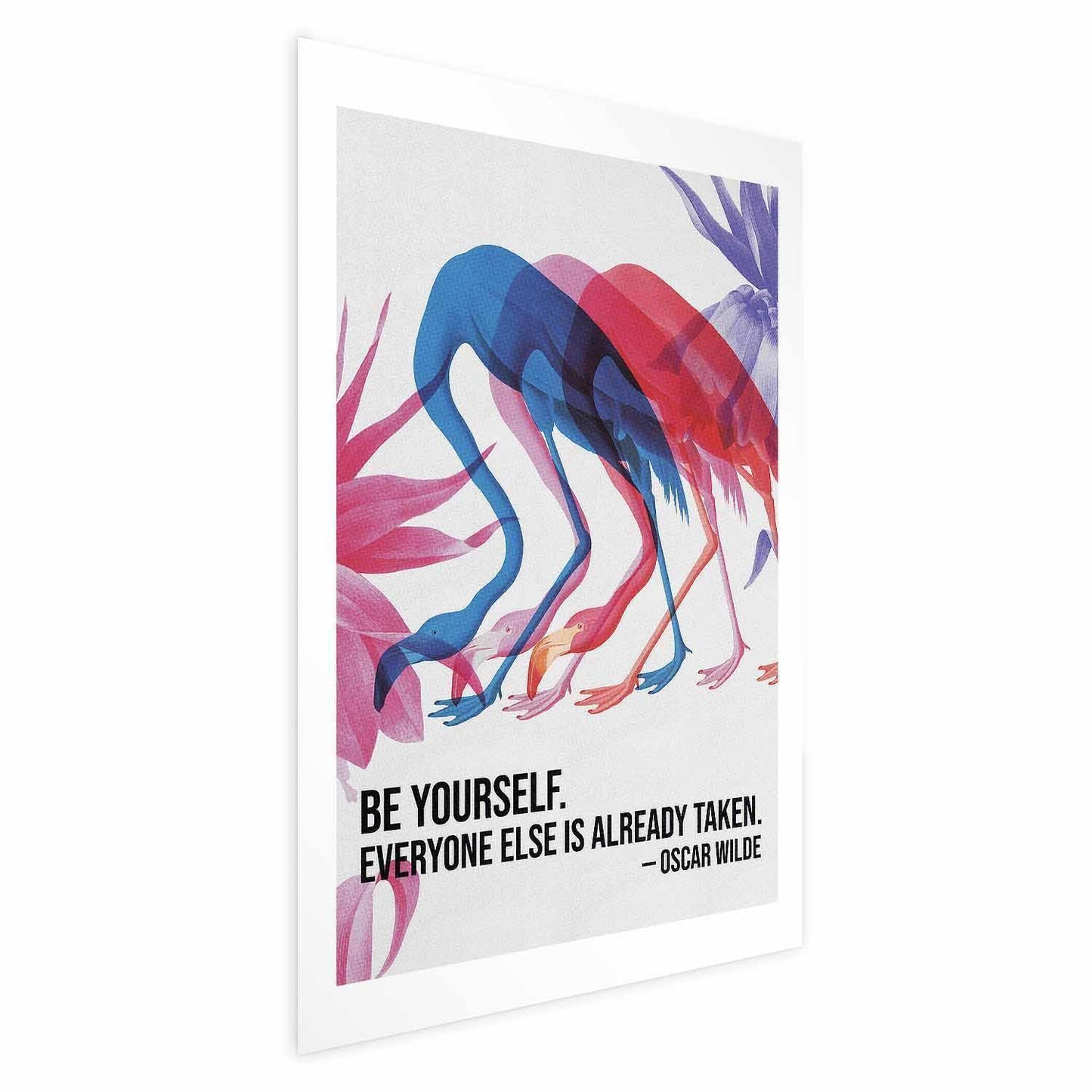 Poster - Colorful Repetition - three flamingo silhouettes with an inspiring quote Artgeist