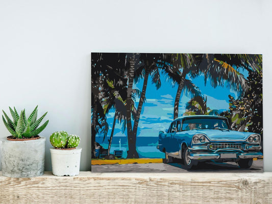 Tropisches Auto unter Palmen Wandbild zum Ausmalen mit Acrylfarben