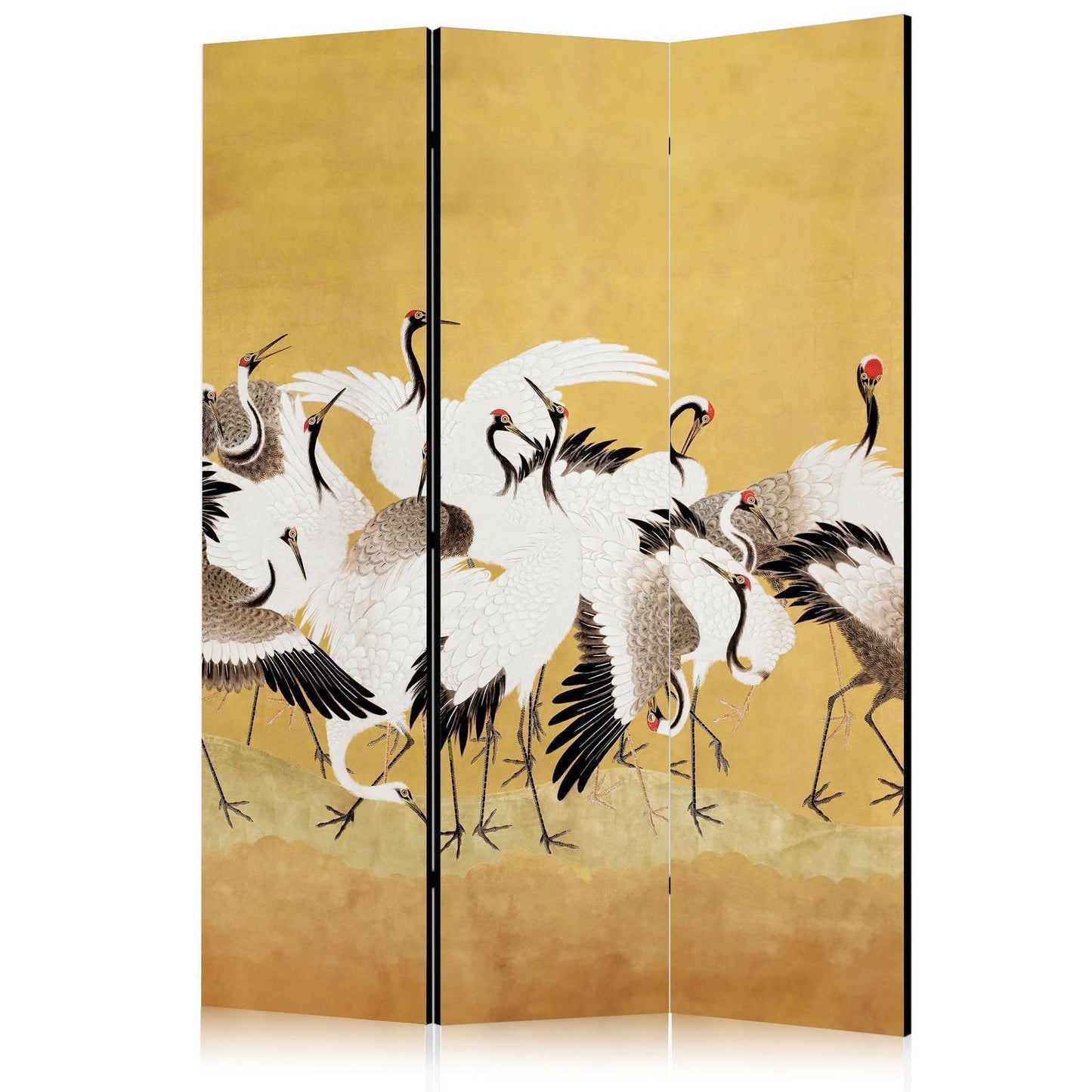 Paravent - Japanese cranes - a flock of birds against a golden background based on a painting by Ishida Yūtei