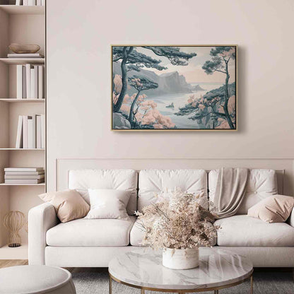 Leinwandbild - Mountainous Coast with Trees and Rocks in Light Pastel Blues Artgeist