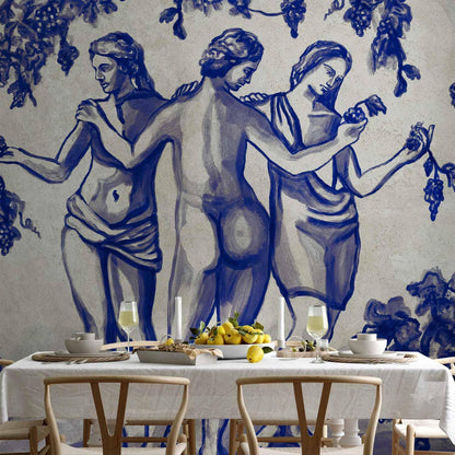 Fototapete - Ancient vineyard - three women in a portal painted with blue ink