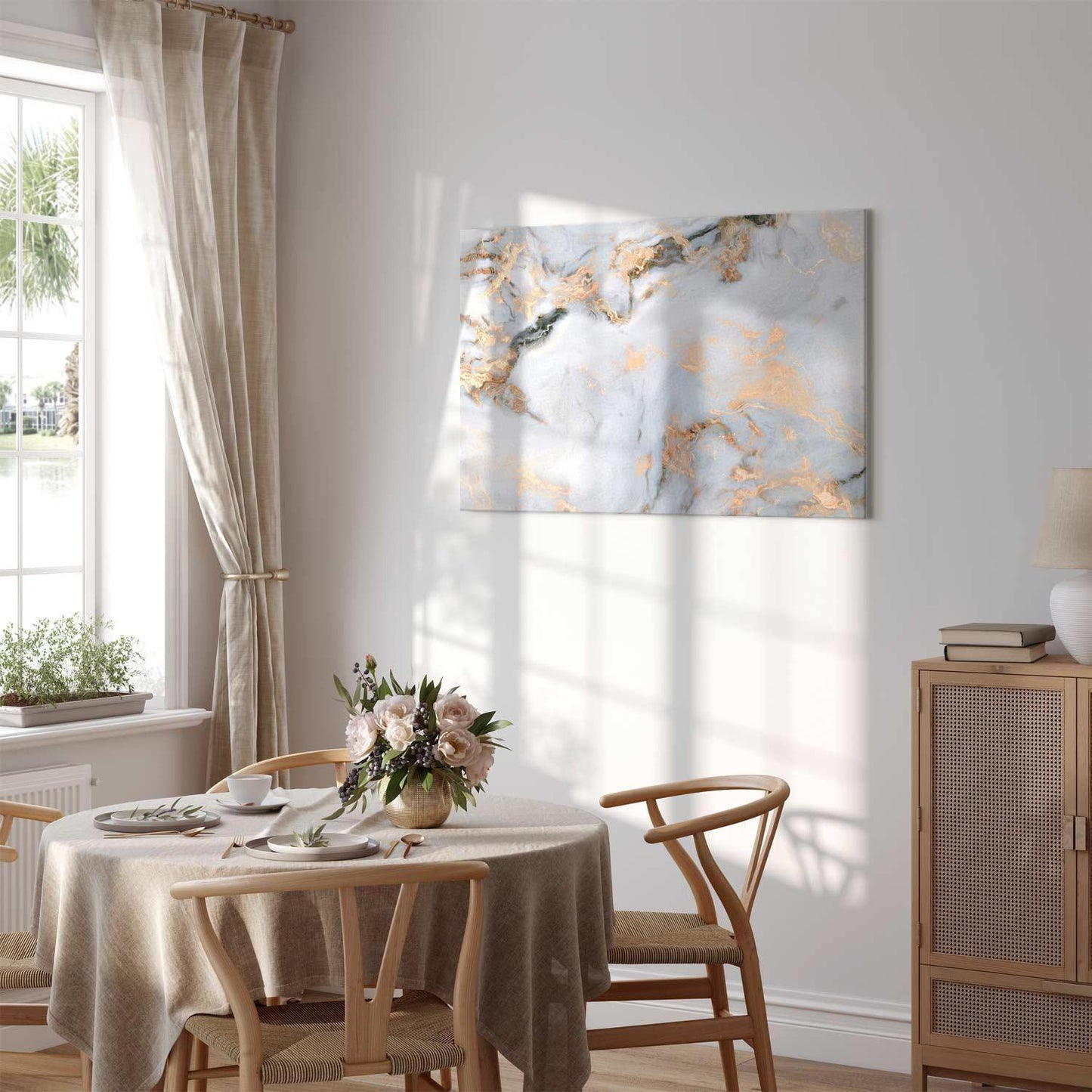 Leinwandbild - White stone – elegant marble with golden reflections