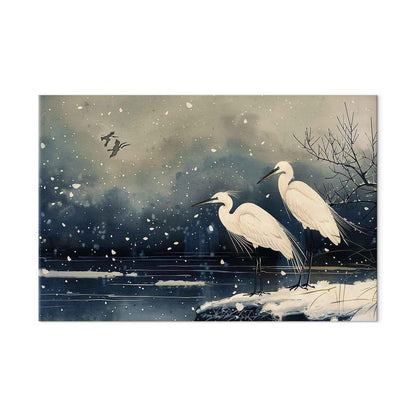Wandbild XXL - Herons over a winter pond - Japanese-style illustration in dark colours