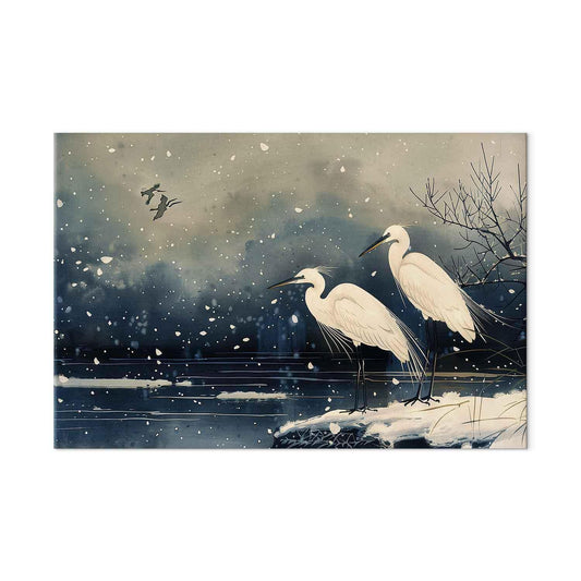 Wandbild XXL - Herons over a winter pond - Japanese-style illustration in dark colours