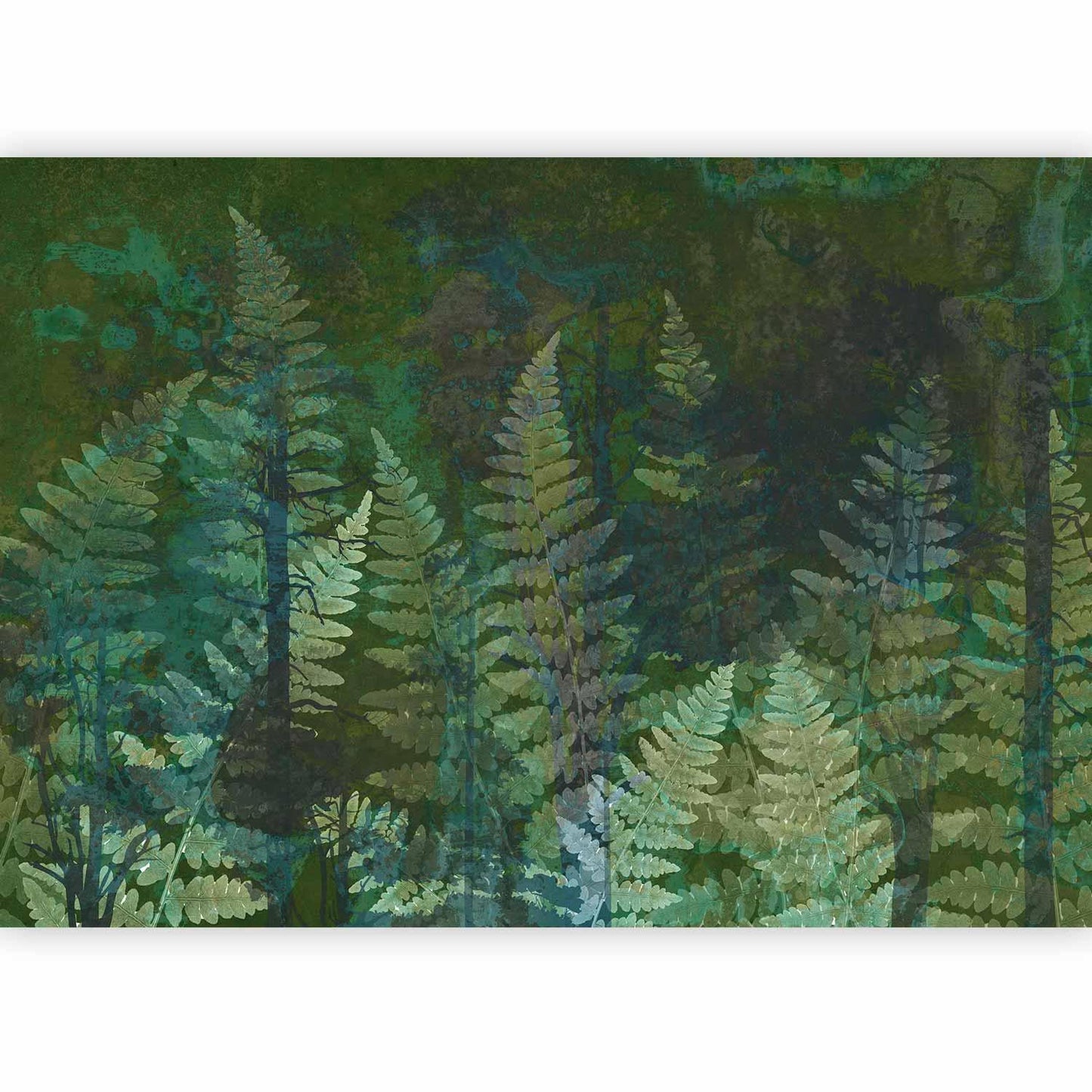 Fototapete - Green abstraction in the forest - fern leaves in the trunks with patterns