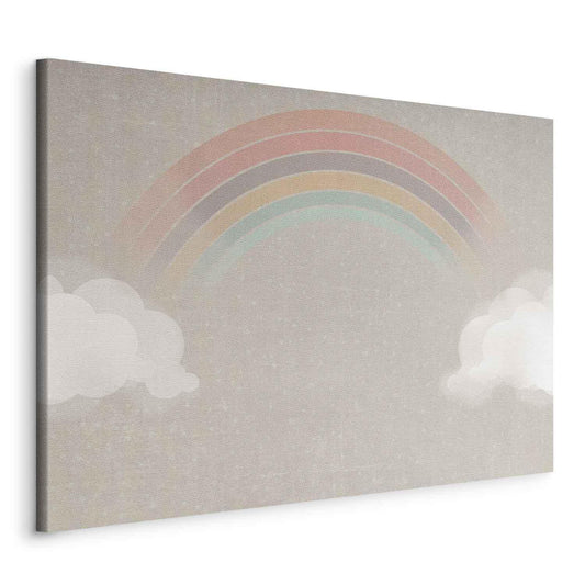 Leinwandbild - Rainy June - Colorful Rainbow Emerging from Clouds on a Bright Background Artgeist