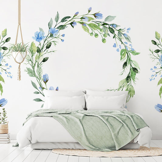 Fototapete - Romantic wreath - plant motif with blue flowers and leaves Artgeist