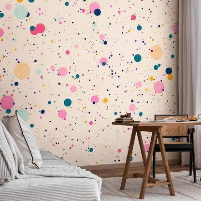 Fototapete - Dots Speckles and Splatters Multicolored Cheerful Pattern on a Light Pink Background