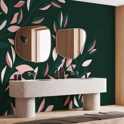 Fototapete - Flowering vine - minimalist climbing leaves on a green background