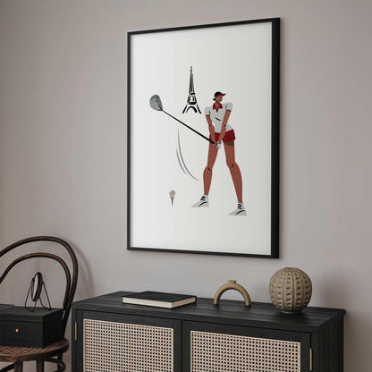 Poster - Illustration of a Female Golfer with the Eiffel Tower in the Background