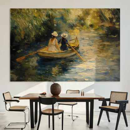 Wandbild XXL - Boat crossing - painting of two women sailing a boat on a river