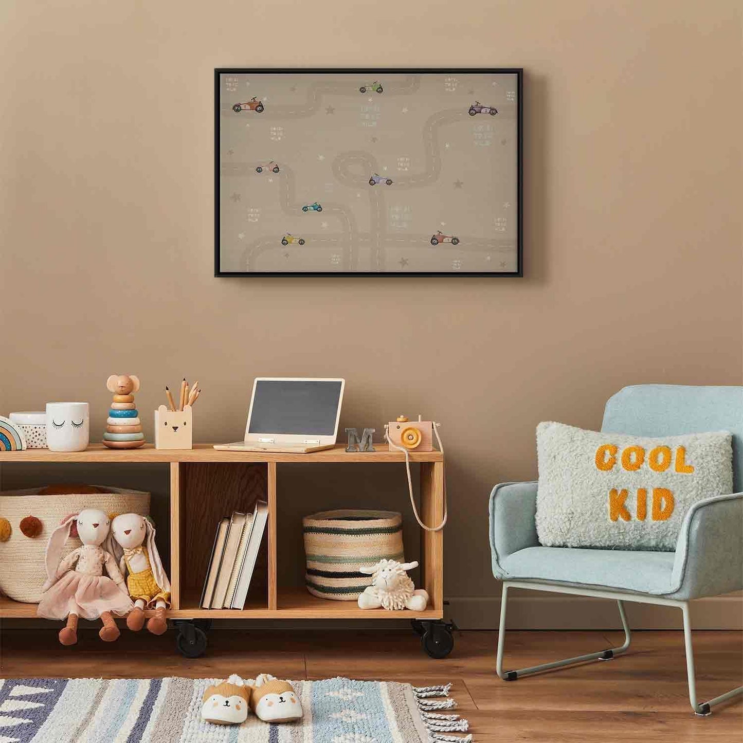 Leinwandbild - Race - Colorful Cars on a Road on a Beige Background with Inscriptions