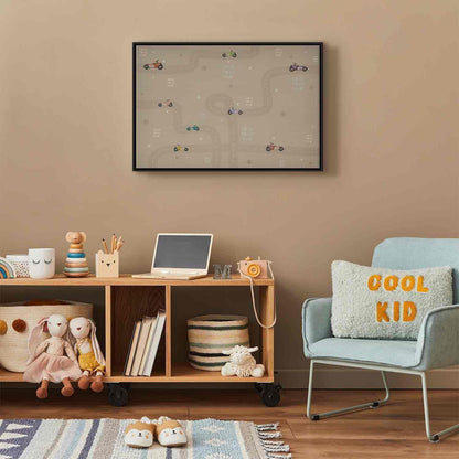 Leinwandbild - Race - Colorful Cars on a Road on a Beige Background with Inscriptions