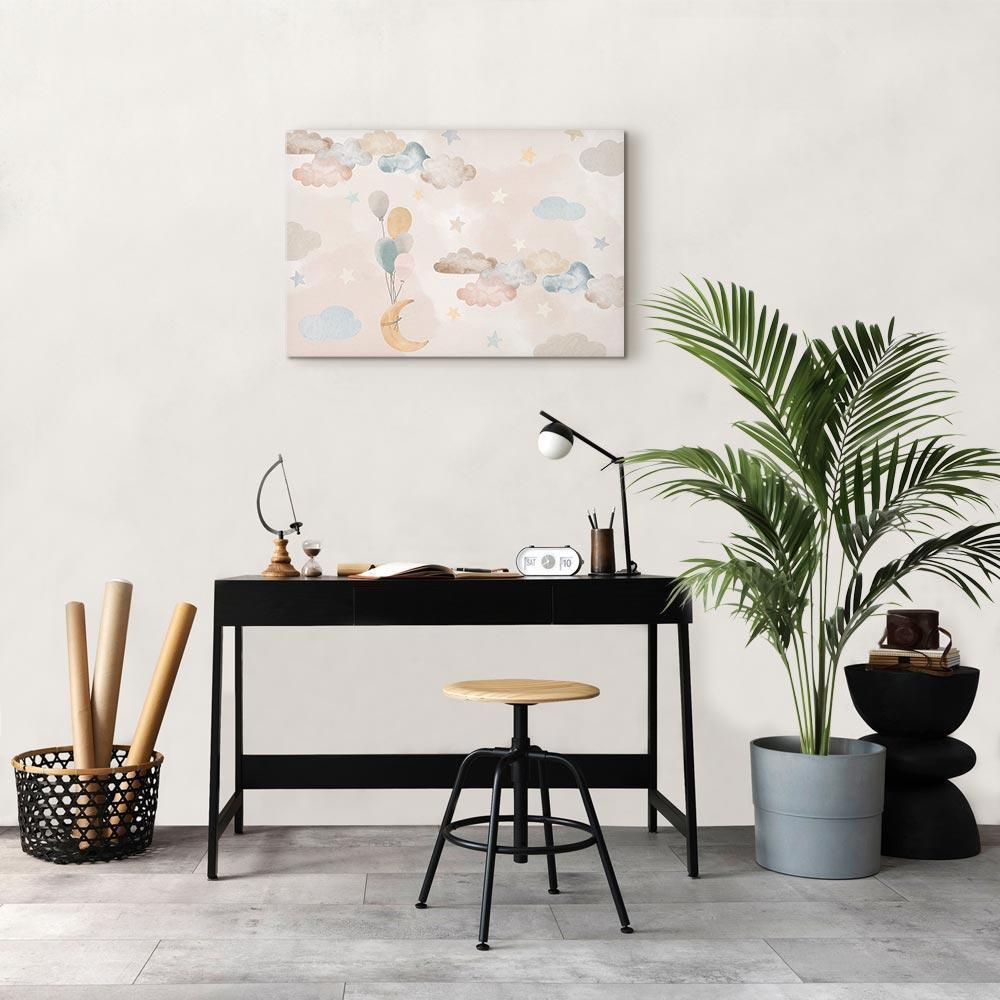 Leinwandbild - Fairy-Tale Moon - Pastel Moon with Balloons Among Colorful Clouds and Stars in Subdued Colors on a Light Background