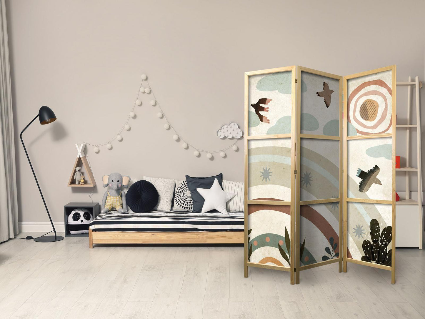 Japanischer Paravent - Sun Above the Rainbow - Birds in Subdued Colors Flying Among Clouds Above a Rainbow and Vegetation on a Light Beige Background