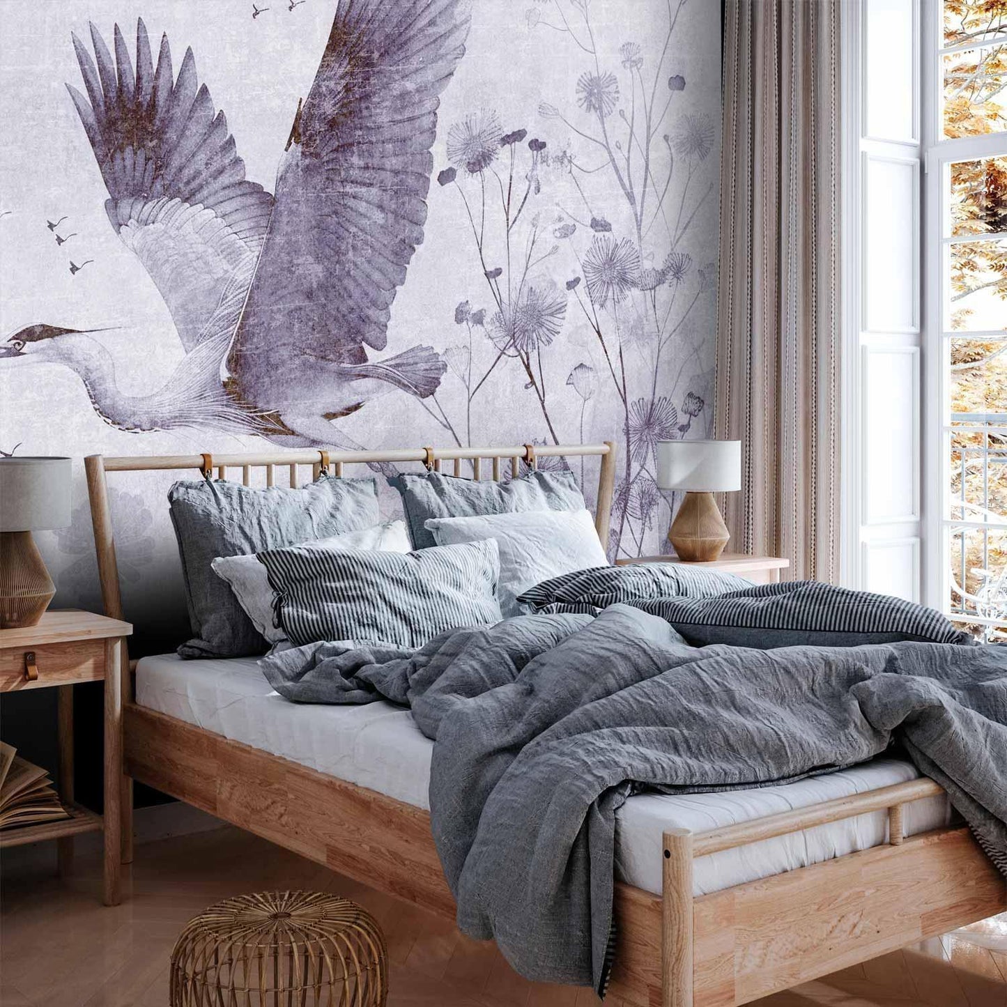 Fototapete Majestätischer Flug – Kranich im Flug in Schwarz-Weiß