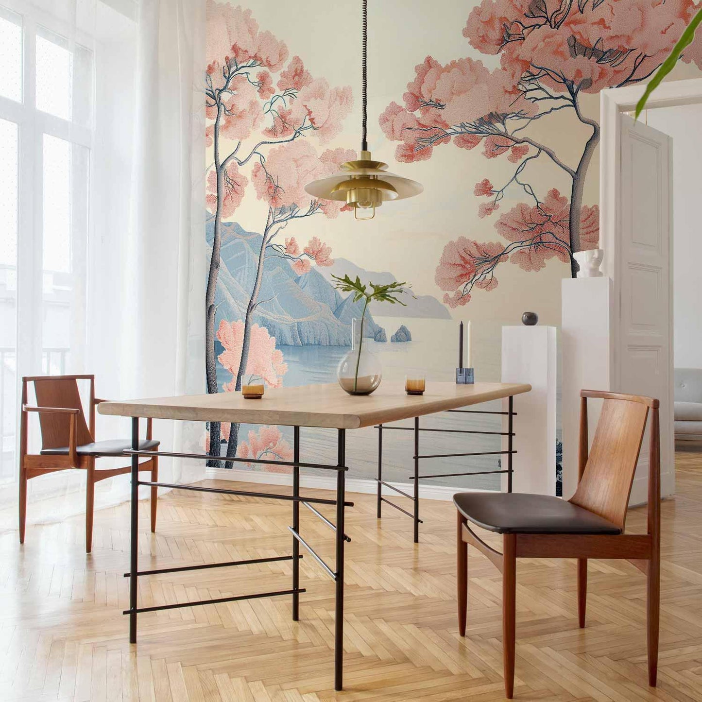 Fototapete - Landscape with the Ocean Cliffs and Trees in Delicate Pink Shades