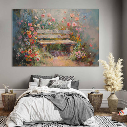 Wandbild XXL - Flowery bench - impressionist painting full of flowers