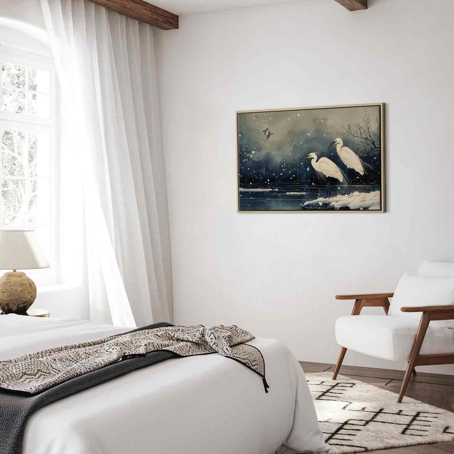 Leinwandbild - Herons over a winter pond - Japanese-style illustration in dark colours