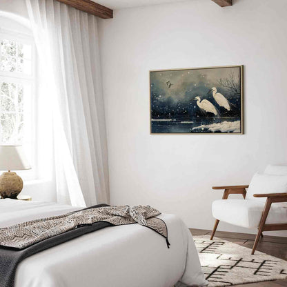 Leinwandbild - Herons over a winter pond - Japanese-style illustration in dark colours