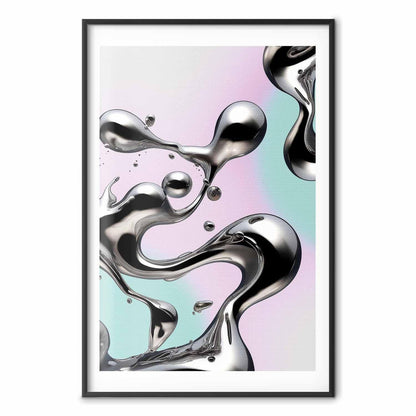 Poster - Metallic Fluidity - abstract silver forms on a mint-purple background