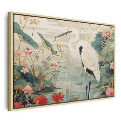 Leinwandbild - By an Asian pond - an illustration in the style of a Japanese engraving, depicting a heron