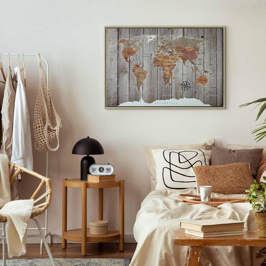 Leinwandbild - World Map: Wooden Stories Artgeist